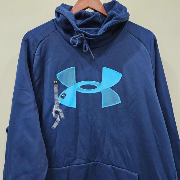 Under Armour Men's Fleece Hoodie XXL Navy Blue Big Logo Loose Oversized Outdoor - Picture 2 of 11